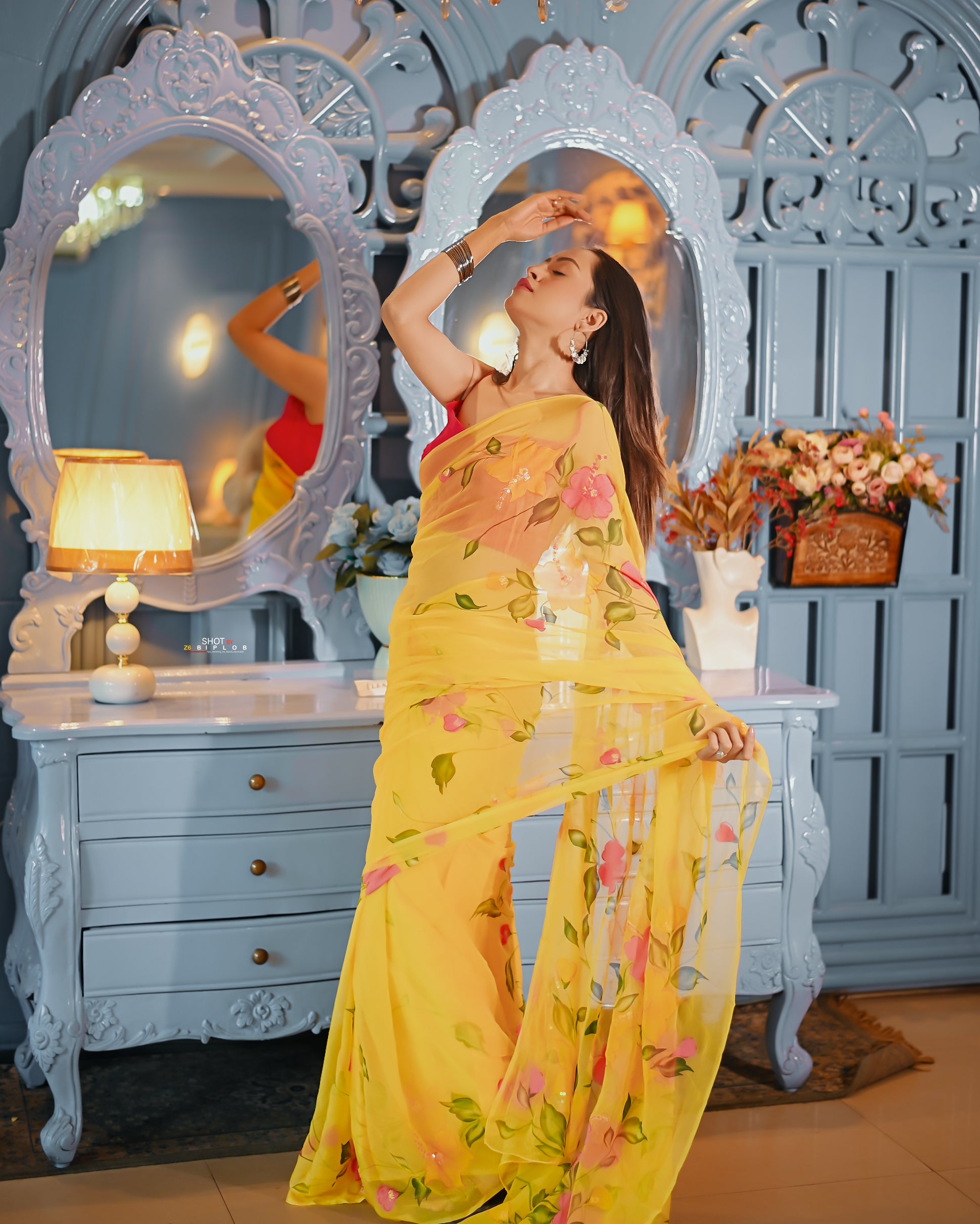 Golden Bloom Reverie (Handpainted pure viscose yellow chiffon saree with sequins work)