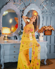 Golden Bloom Reverie (Handpainted pure viscose yellow chiffon saree with sequins work)