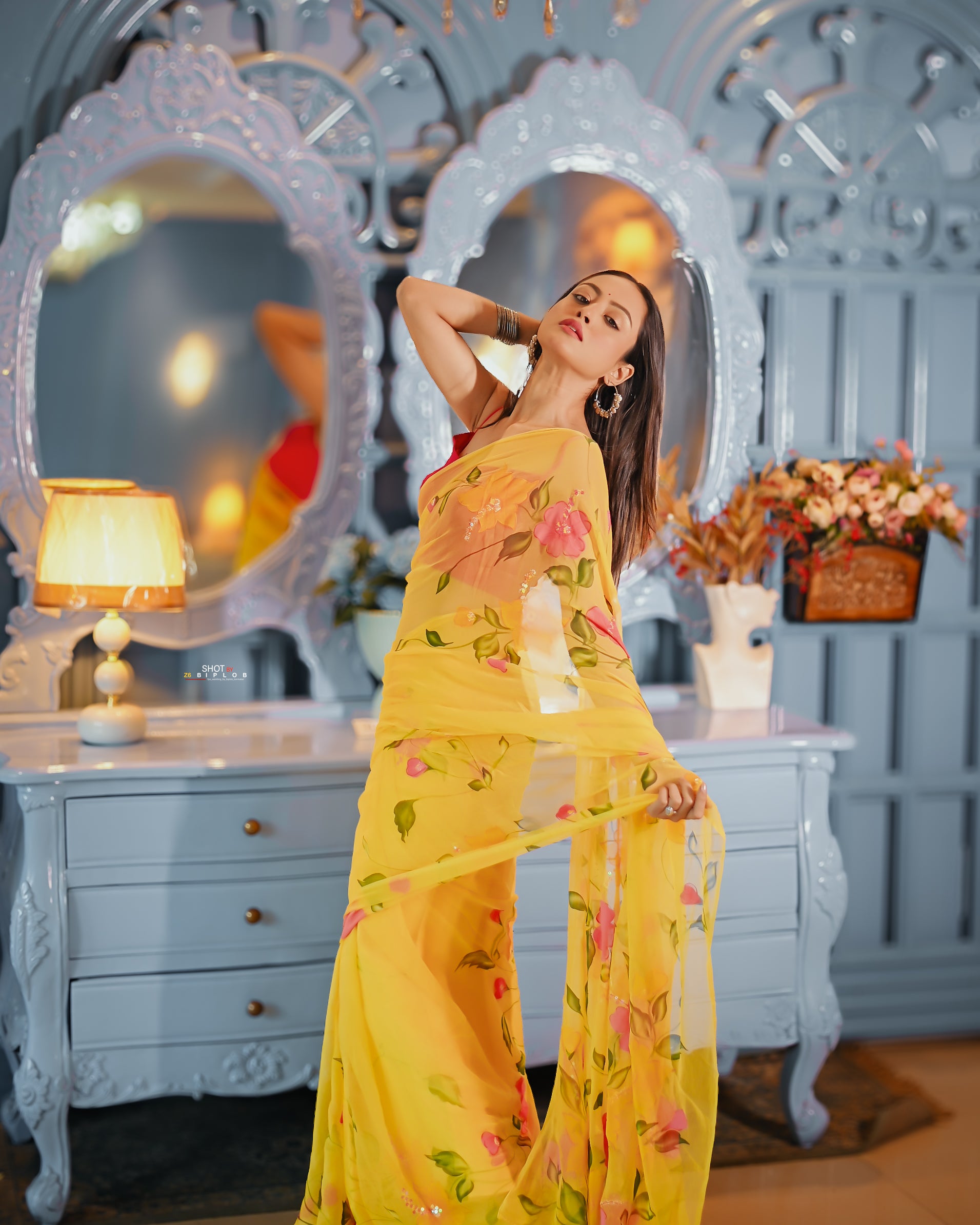 Golden Bloom Reverie (Handpainted pure viscose yellow chiffon saree with sequins work)