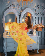 Golden Bloom Reverie (Handpainted pure viscose yellow chiffon saree with sequins work)