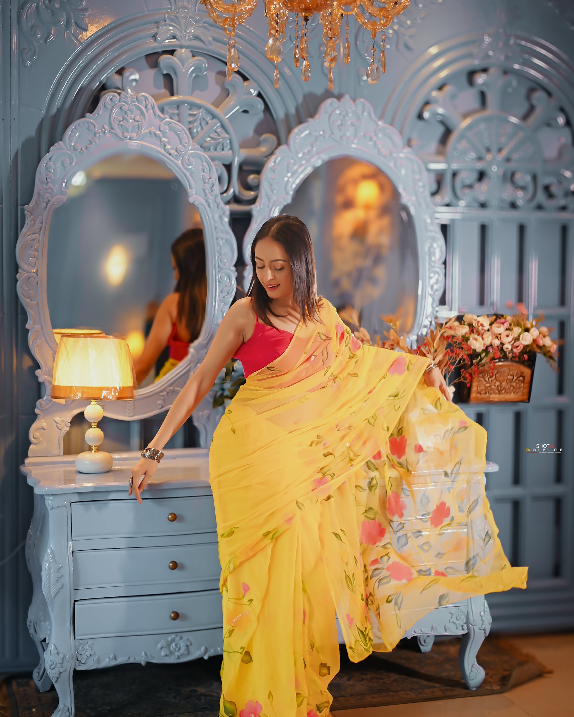 Golden Bloom Reverie (Handpainted pure viscose yellow chiffon saree with sequins work)