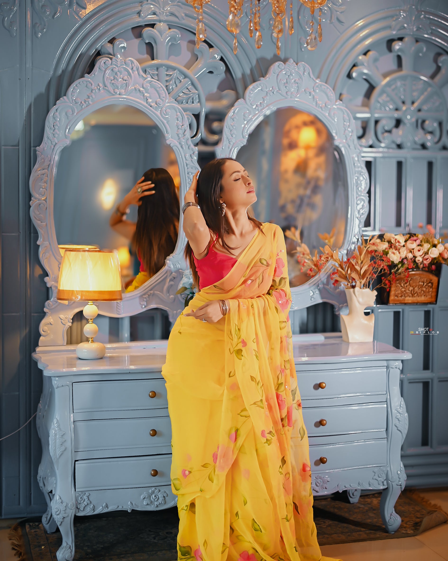 Golden Bloom Reverie (Handpainted pure viscose yellow chiffon saree with sequins work)