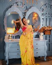 Golden Bloom Reverie (Handpainted pure viscose yellow chiffon saree with sequins work)