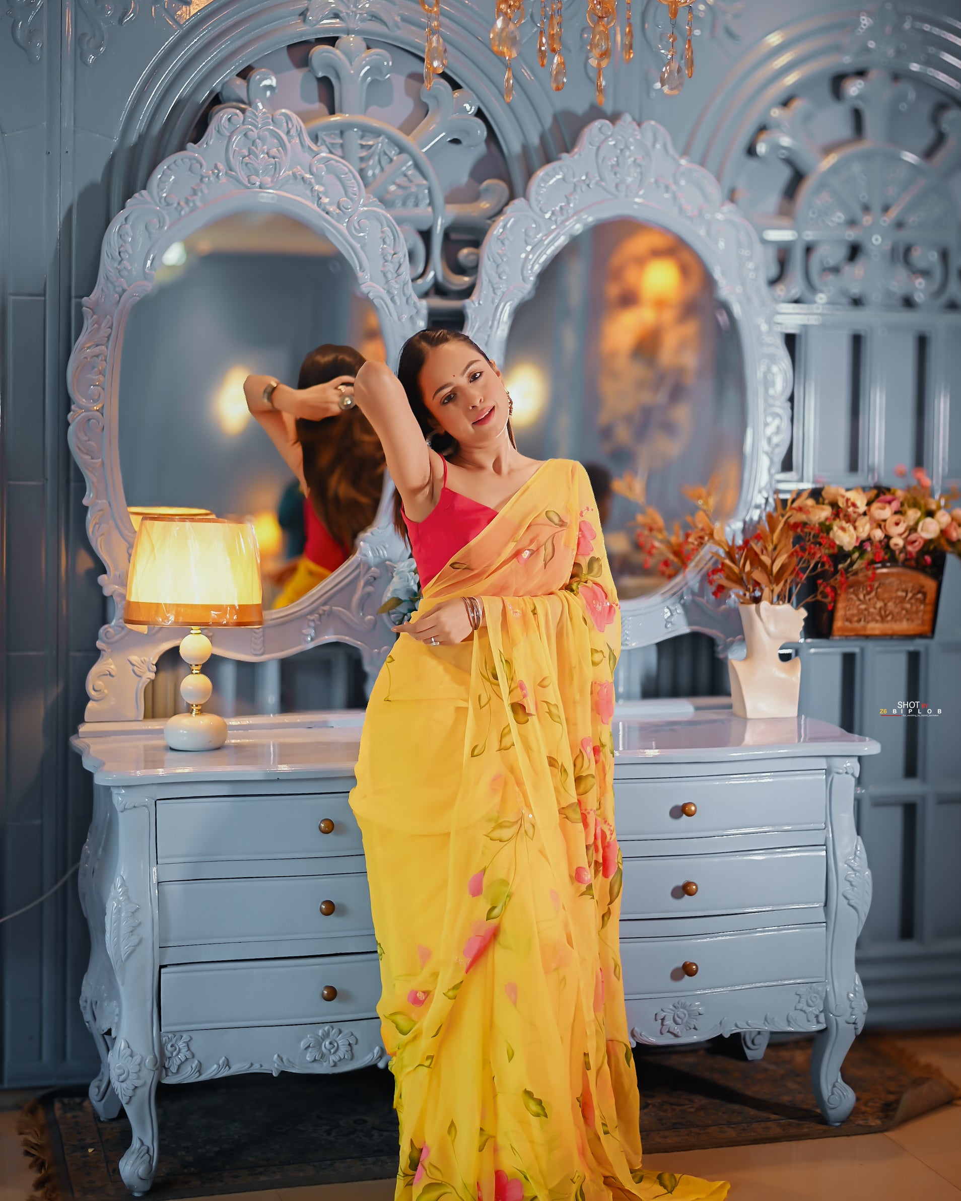 Golden Bloom Reverie (Handpainted pure viscose yellow chiffon saree with sequins work)