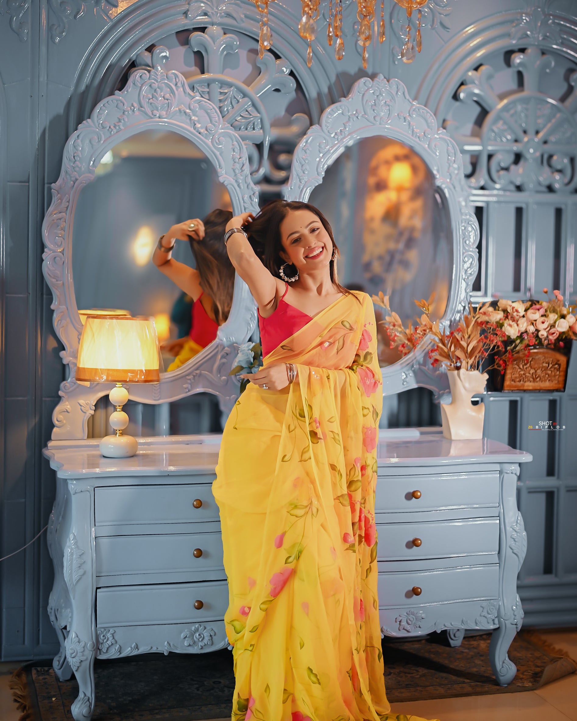 Golden Bloom Reverie (Handpainted pure viscose yellow chiffon saree with sequins work)