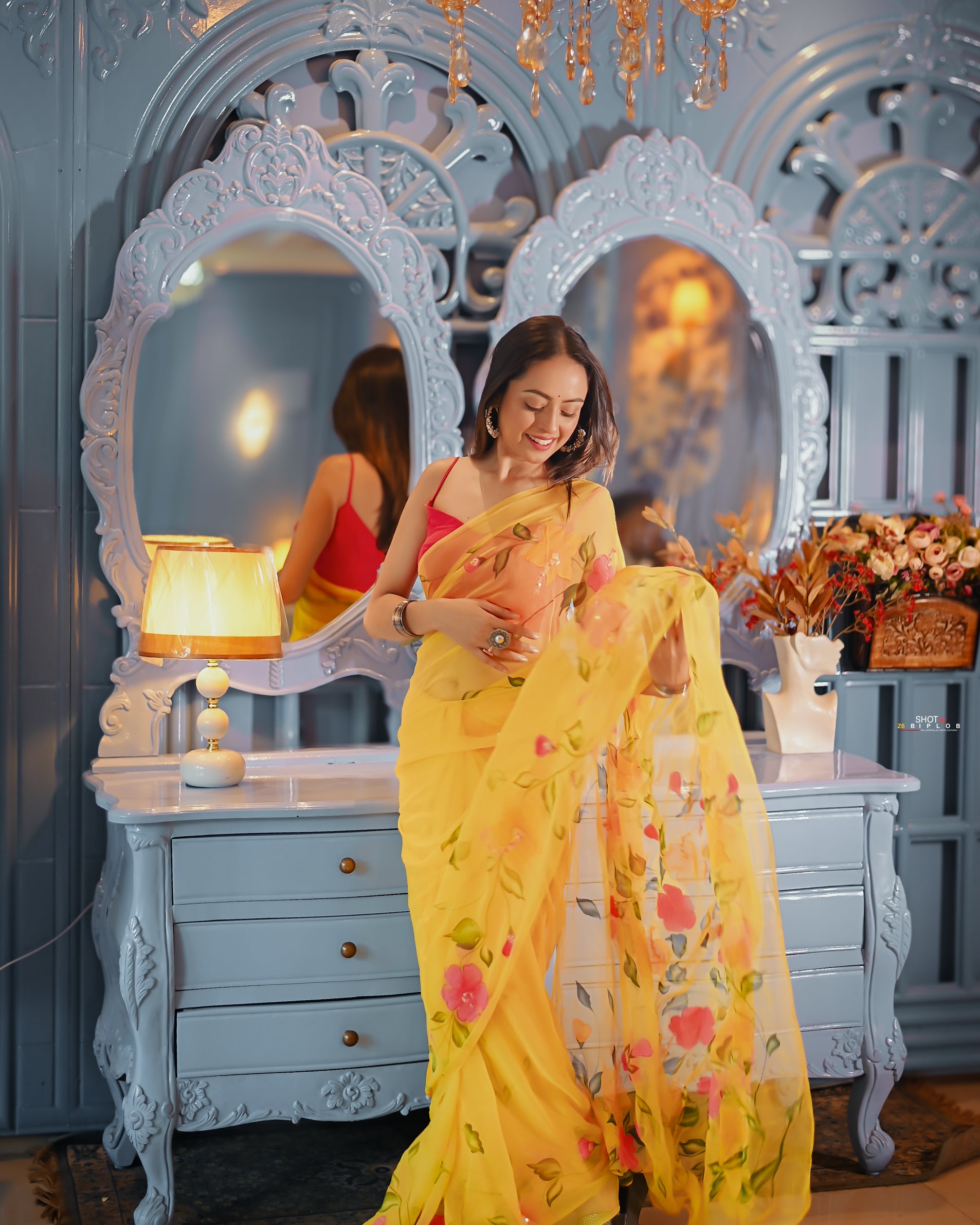 Golden Bloom Reverie (Handpainted pure viscose yellow chiffon saree with sequins work)