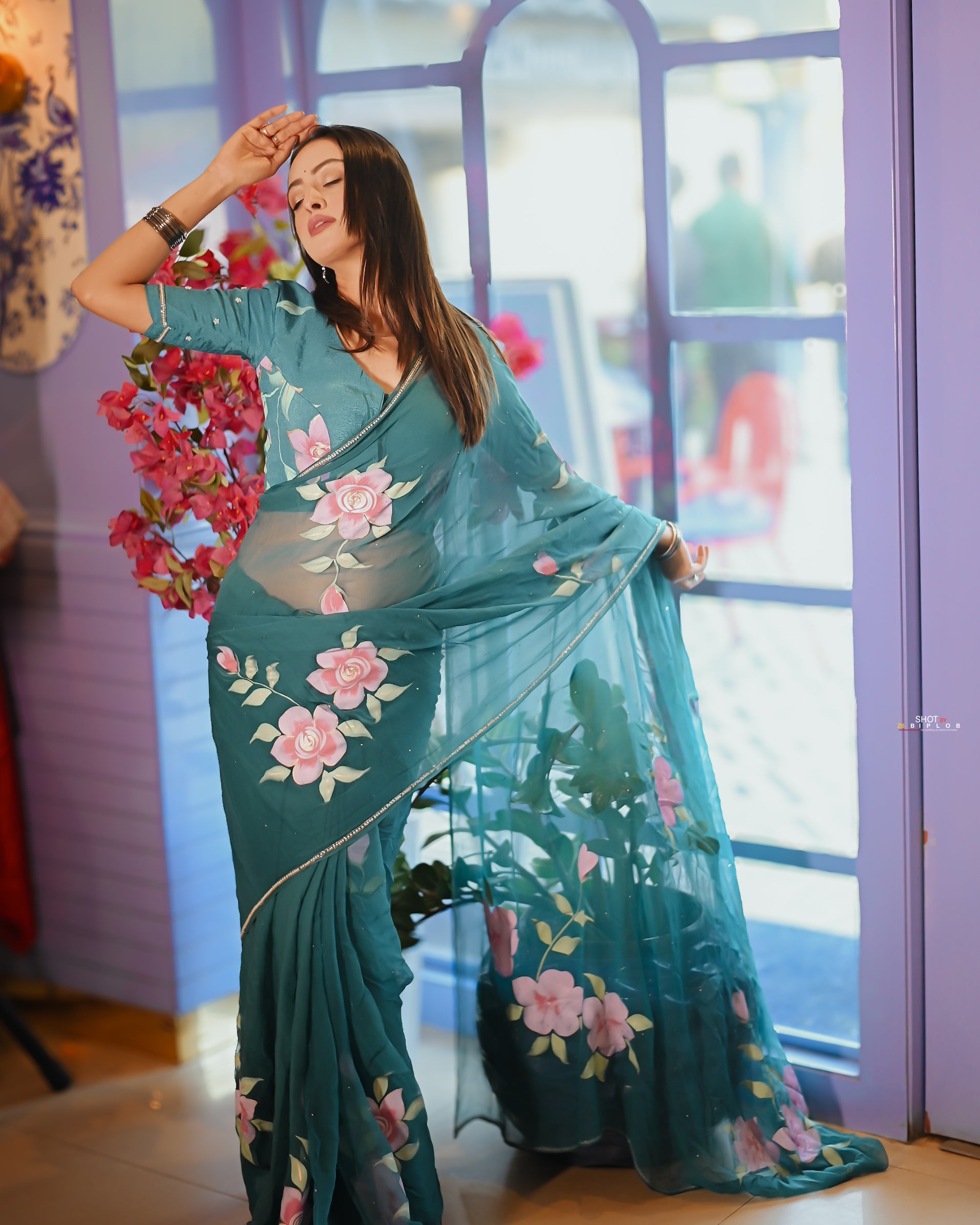 Teal Rose Serenade (Handpainted pure viscose chiffon saree with hand-embroidery)