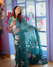 Teal Rose Serenade (Handpainted pure viscose chiffon saree with hand-embroidery)