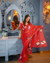 Crimson Rose Reverie (Handpainted pure viscose chiffon saree with hand embroidery)