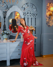 Crimson Rose Reverie (Handpainted pure viscose chiffon saree with hand embroidery)