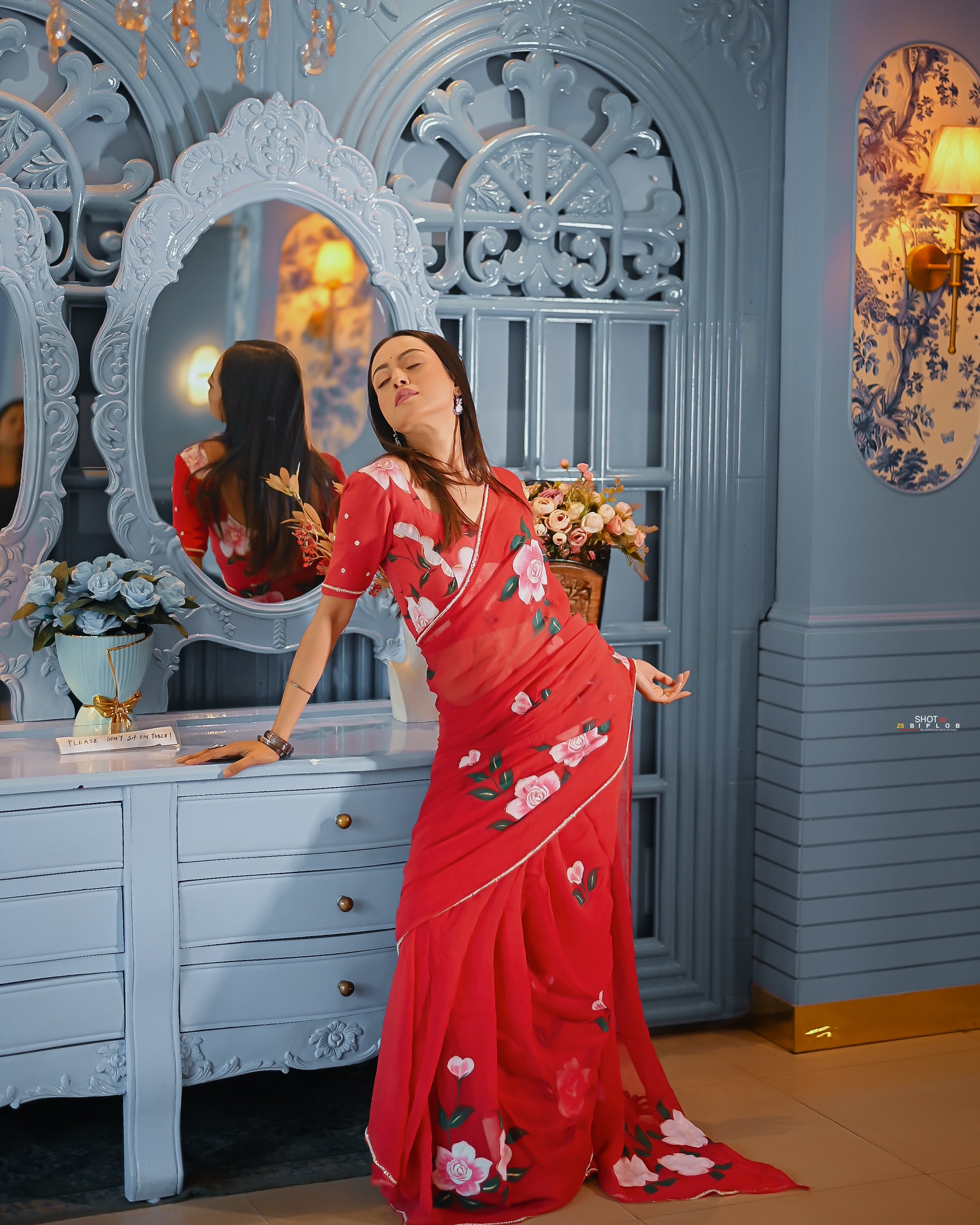 Crimson Rose Reverie (Handpainted pure viscose chiffon saree with hand embroidery)