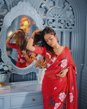 Crimson Rose Reverie (Handpainted pure viscose chiffon saree with hand embroidery)