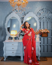 Crimson Rose Reverie (Handpainted pure viscose chiffon saree with hand embroidery)