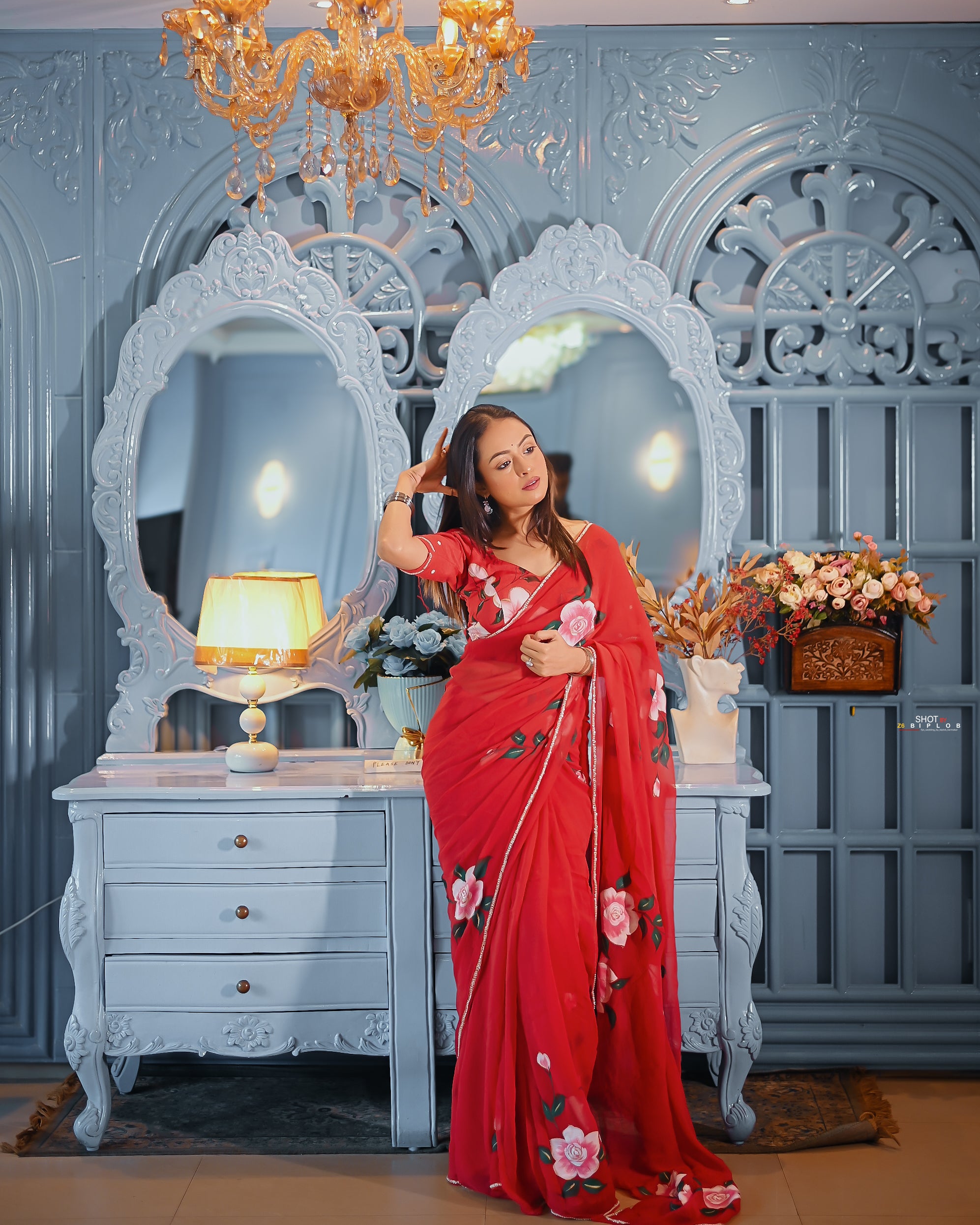 Crimson Rose Reverie (Handpainted pure viscose chiffon saree with hand embroidery)