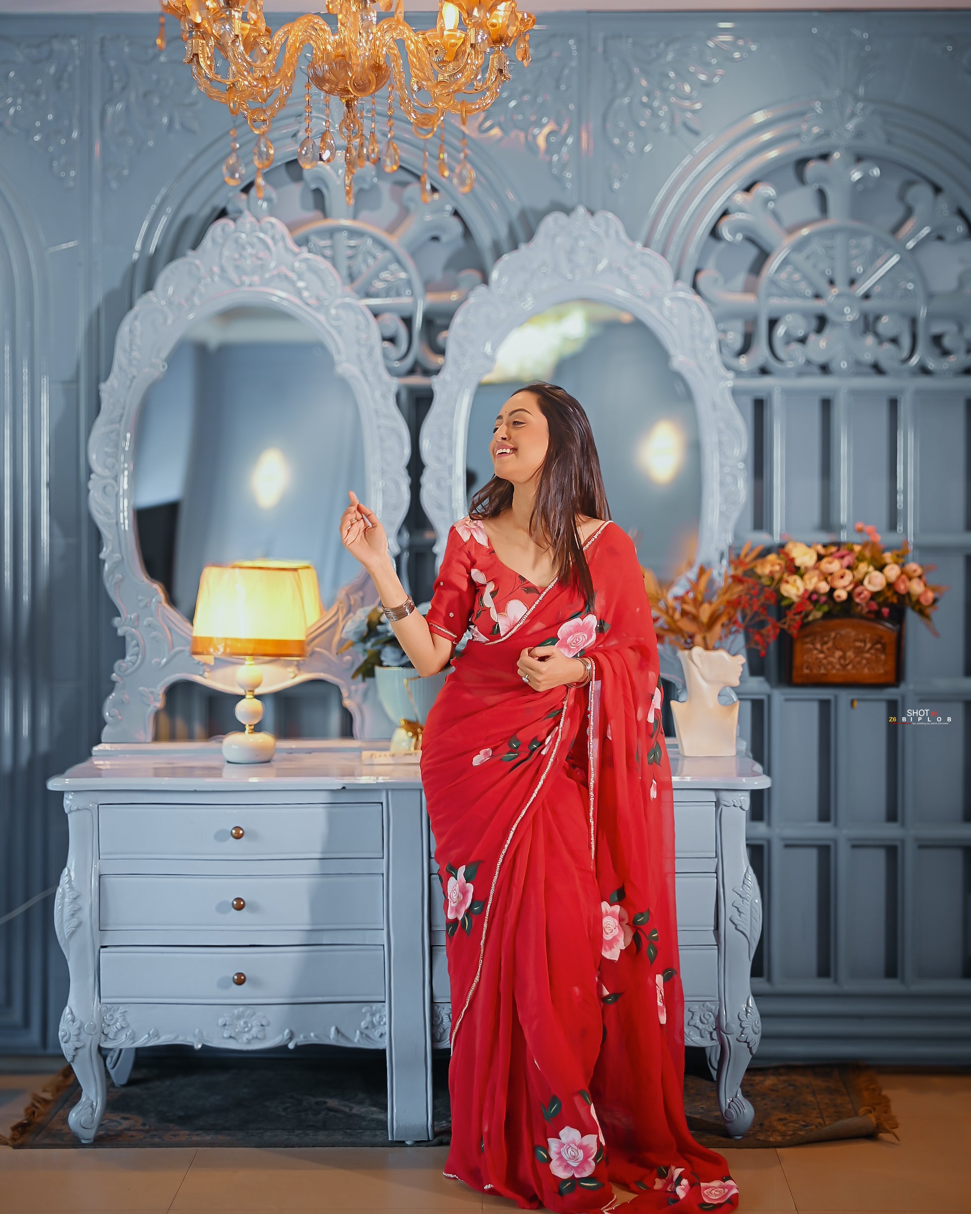 Crimson Rose Reverie (Handpainted pure viscose chiffon saree with hand embroidery)