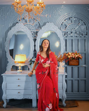 Crimson Rose Reverie (Handpainted pure viscose chiffon saree with hand embroidery)