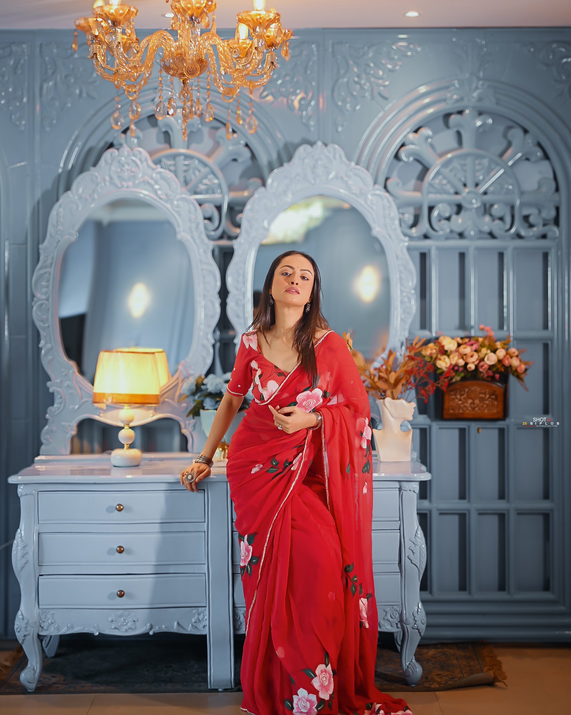 Crimson Rose Reverie (Handpainted pure viscose chiffon saree with hand embroidery)