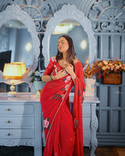 Crimson Rose Reverie (Handpainted pure viscose chiffon saree with hand embroidery)
