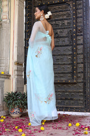 Hand Embroidered Chiffon Sky Blue Saree