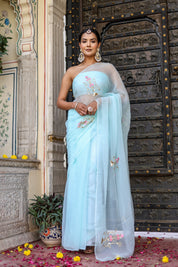 Hand Embroidered Chiffon Sky Blue Saree