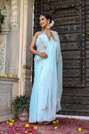 Hand Embroidered Chiffon Sky Blue Saree