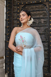 Hand Embroidered Chiffon Sky Blue Saree