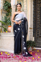 Ombre Shaded Black and White Handpainted Saree