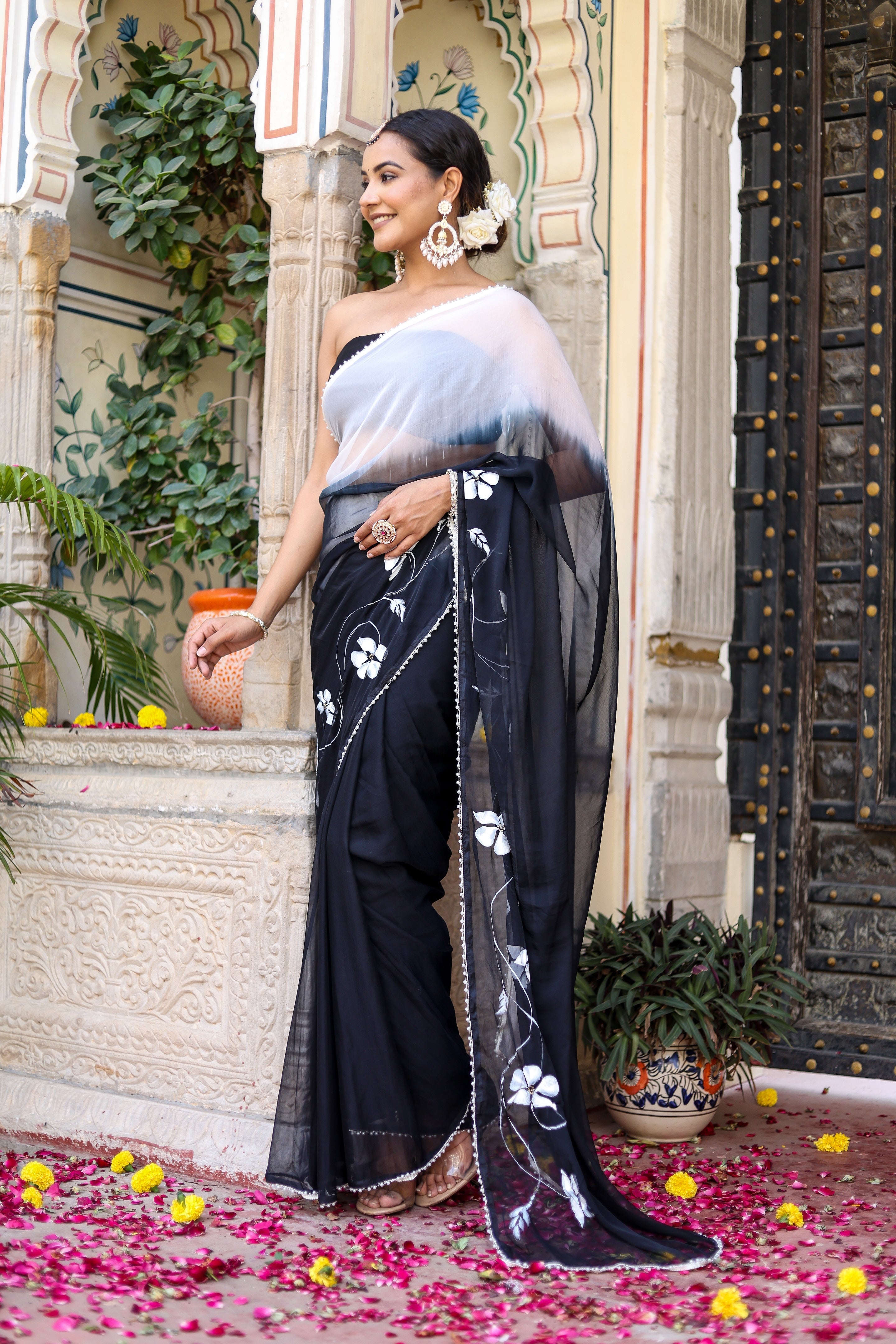 Ombre Shaded Black and White Handpainted Saree