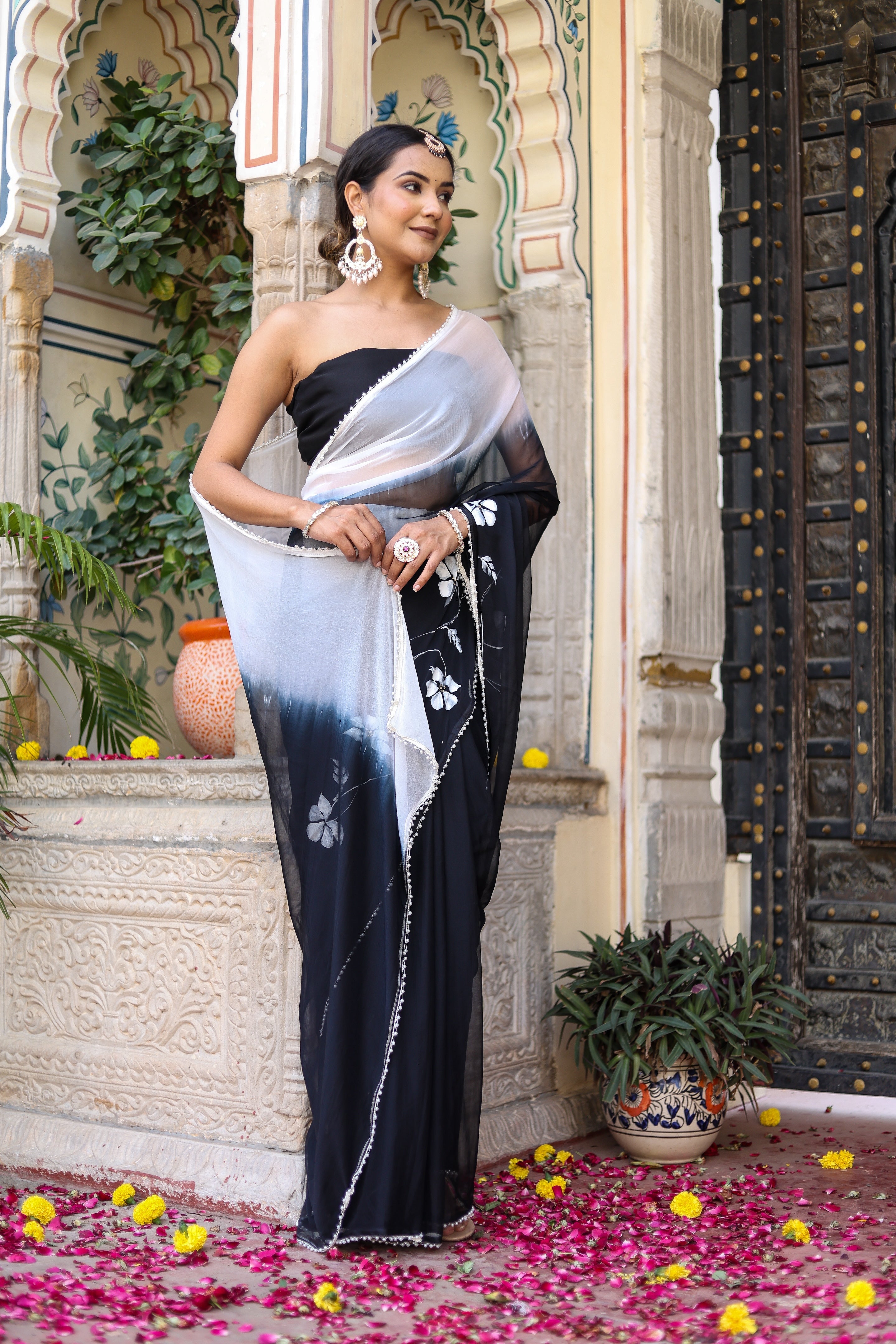 Ombre Shaded Black and White Handpainted Saree