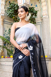 Ombre Shaded Black and White Handpainted Saree