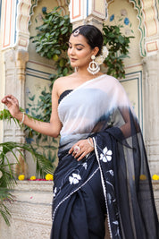 Ombre Shaded Black and White Handpainted Saree