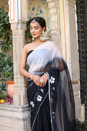 Ombre Shaded Black and White Handpainted Saree