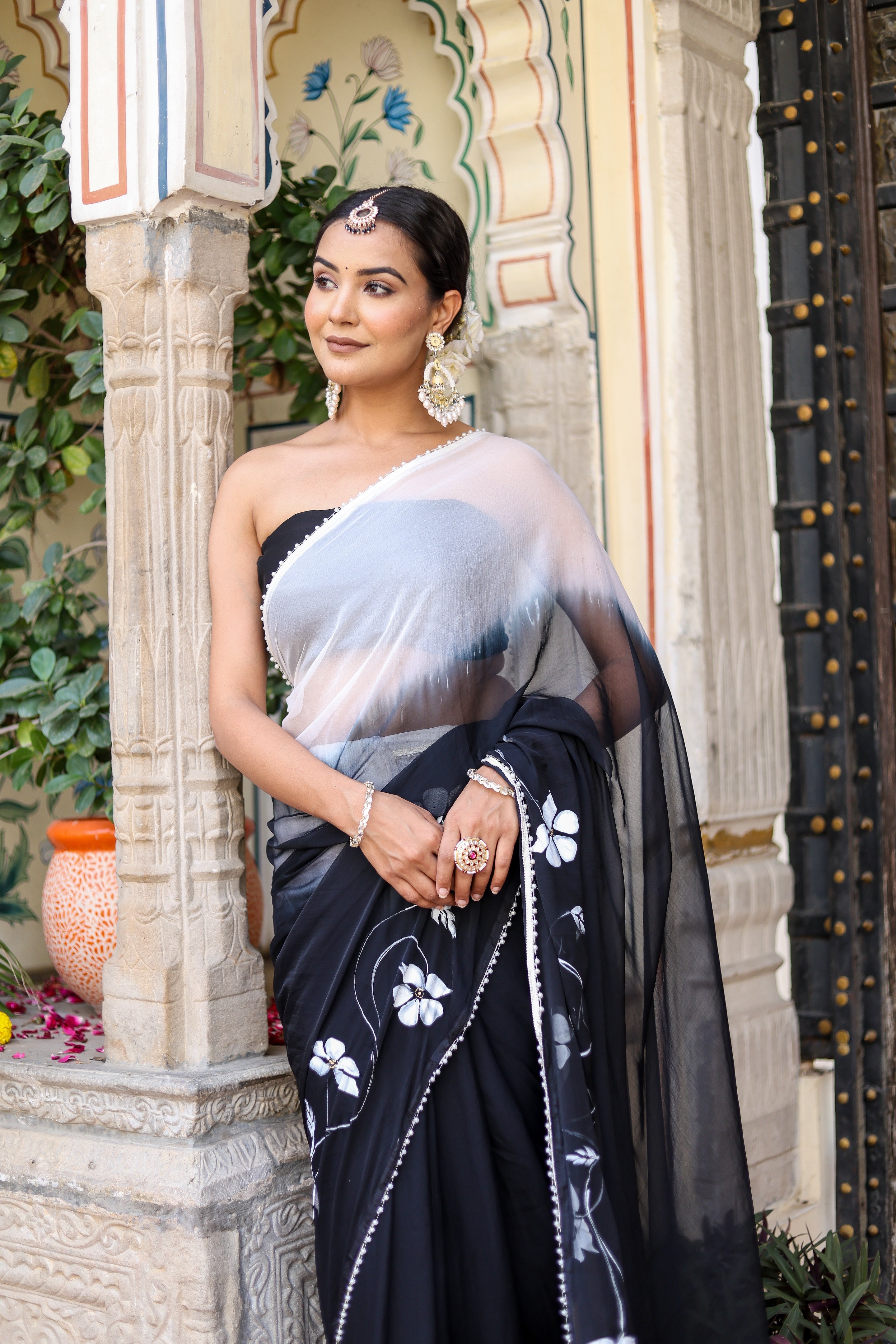 Ombre Shaded Black and White Handpainted Saree