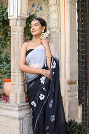 Ombre Shaded Black and White Handpainted Saree