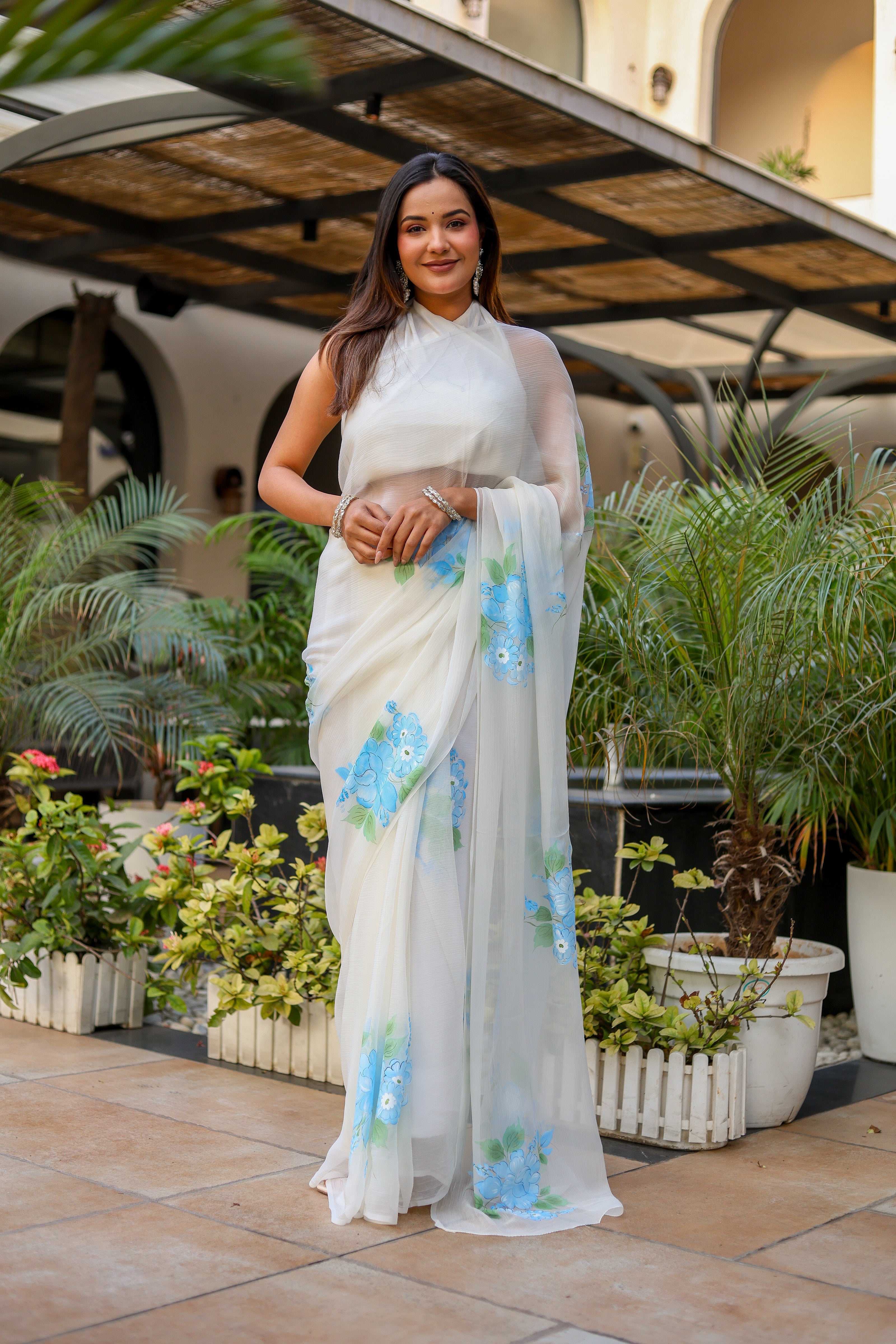 Ivory Azure (Pure Chiffon Hand Painted Saree)