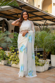 Ivory Azure (Pure Chiffon Hand Painted Saree)