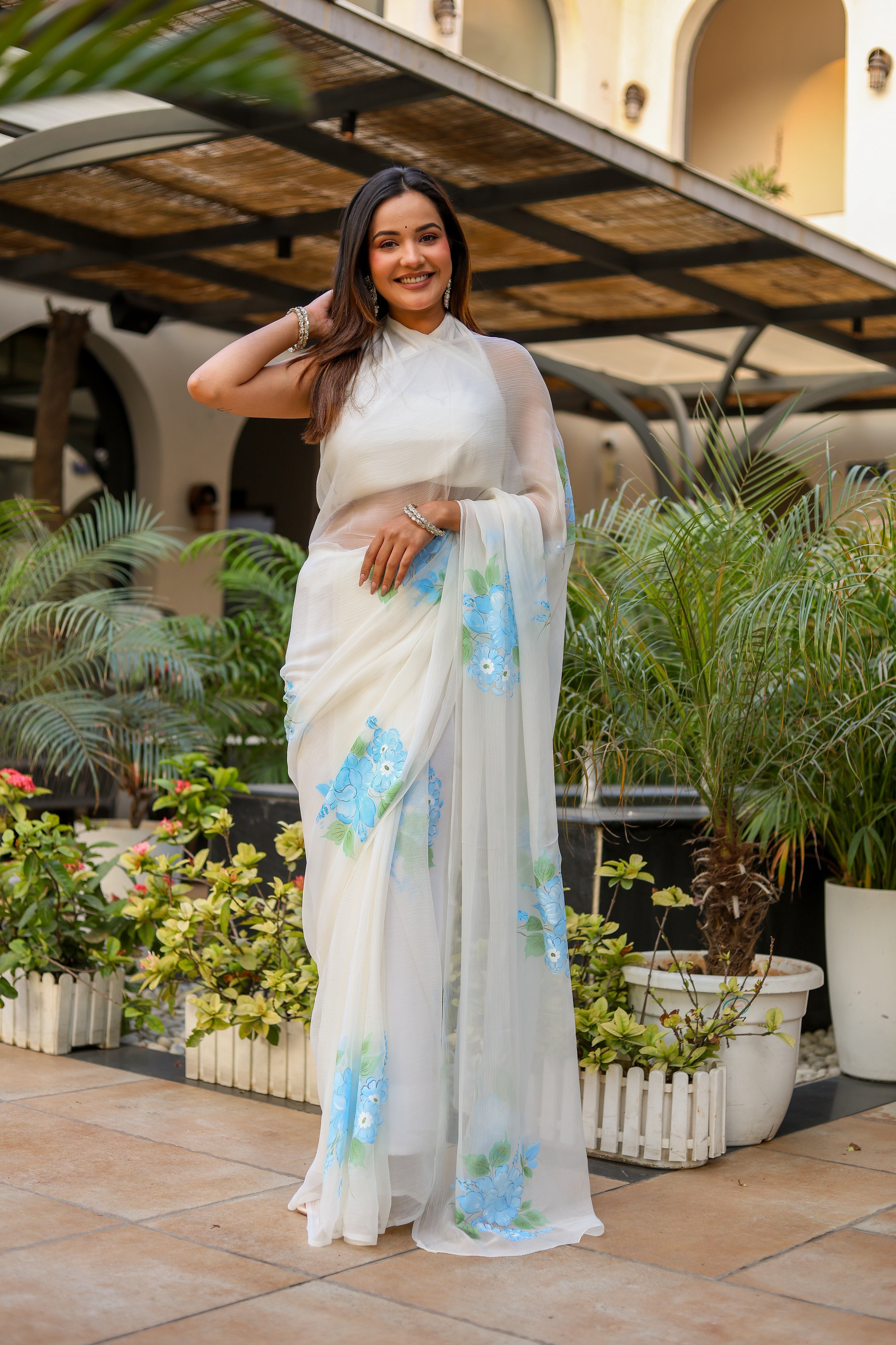 Ivory Azure (Pure Chiffon Hand Painted Saree)