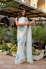 Ivory Azure (Pure Chiffon Hand Painted Saree)