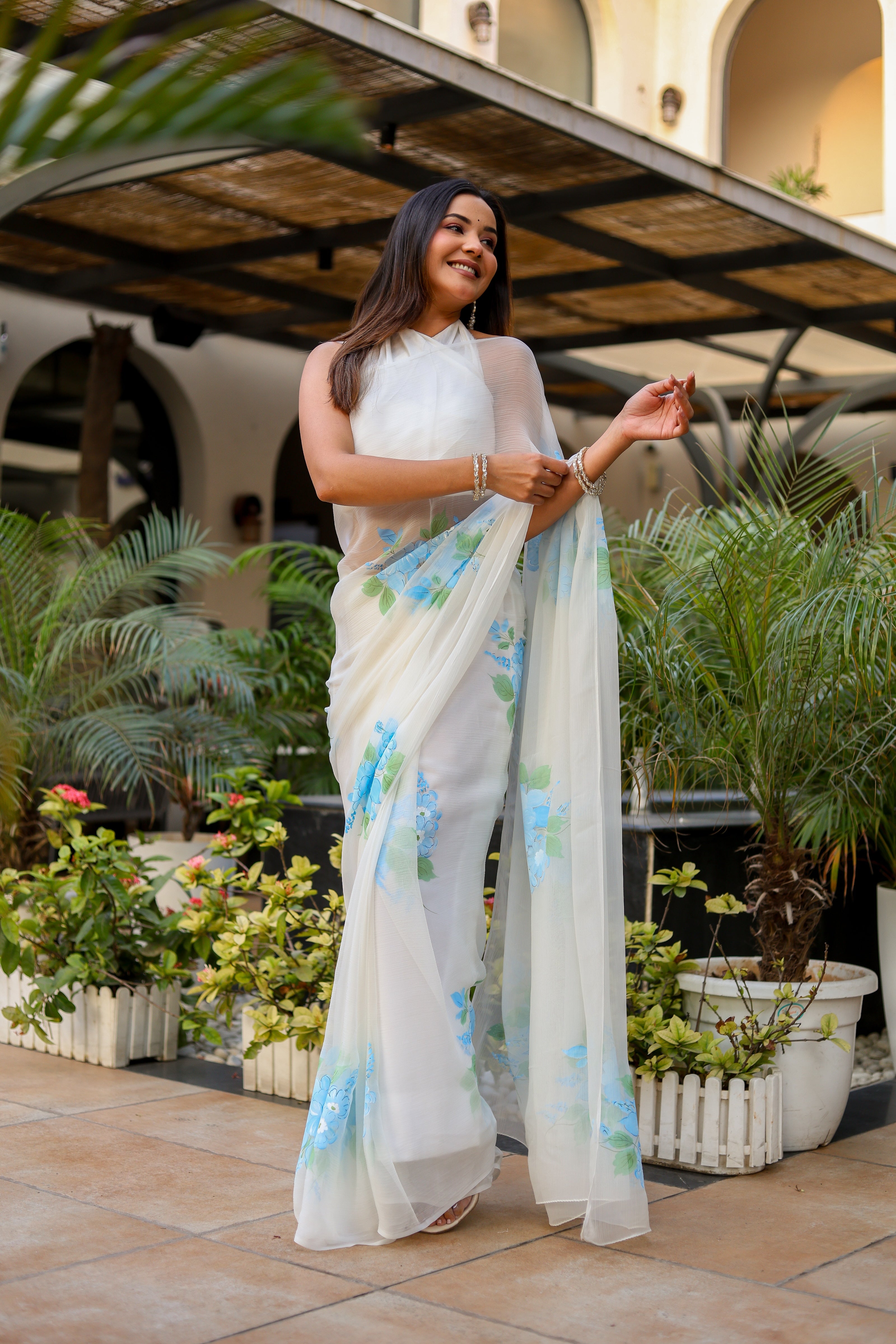 Ivory Azure (Pure Chiffon Hand Painted Saree)