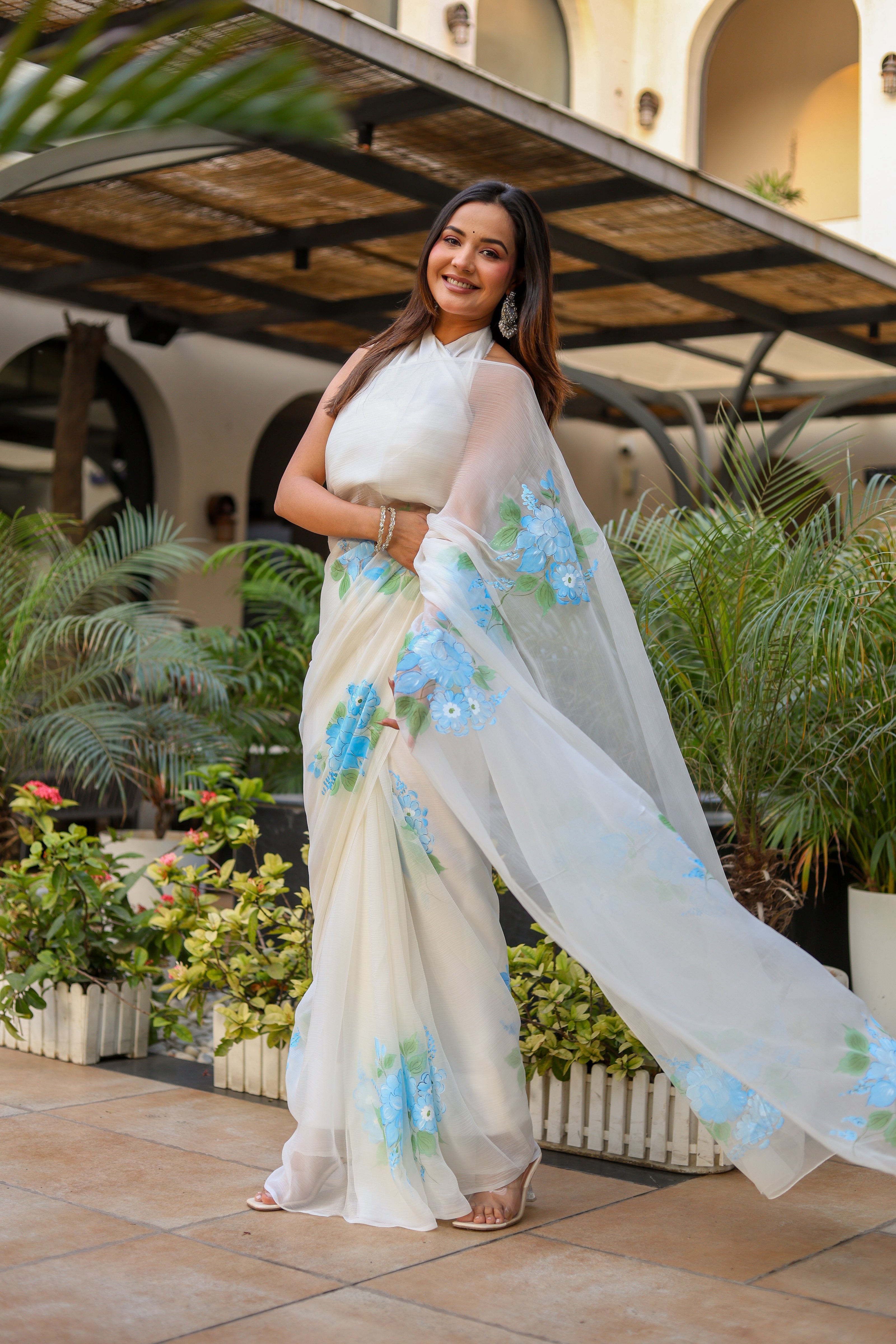 Ivory Azure (Pure Chiffon Hand Painted Saree)