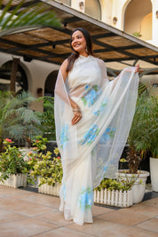 Ivory Azure (Pure Chiffon Hand Painted Saree)