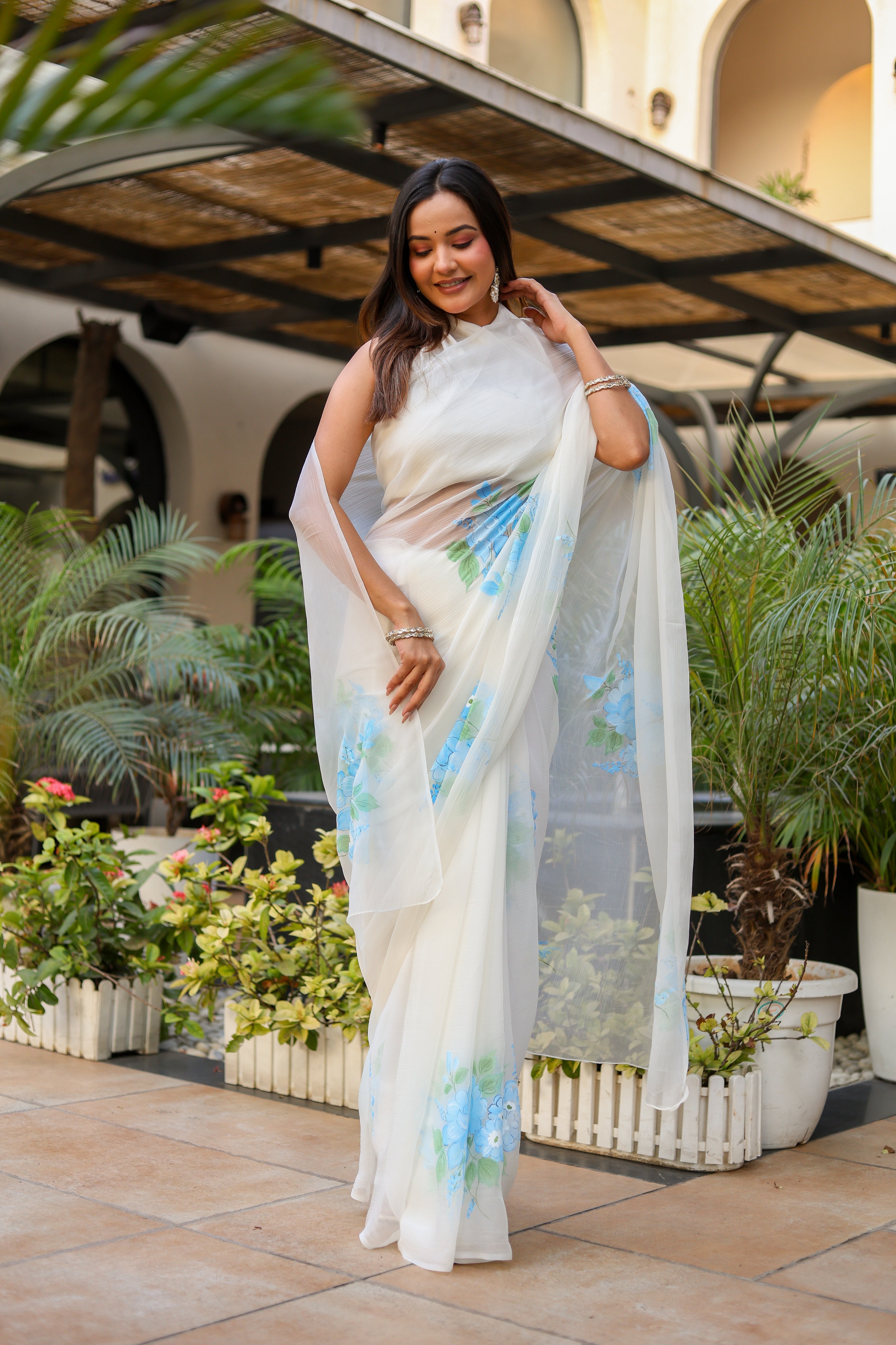 Ivory Azure (Pure Chiffon Hand Painted Saree)