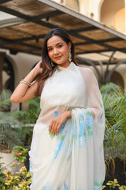 Ivory Azure (Pure Chiffon Hand Painted Saree)