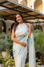 Ivory Azure (Pure Chiffon Hand Painted Saree)