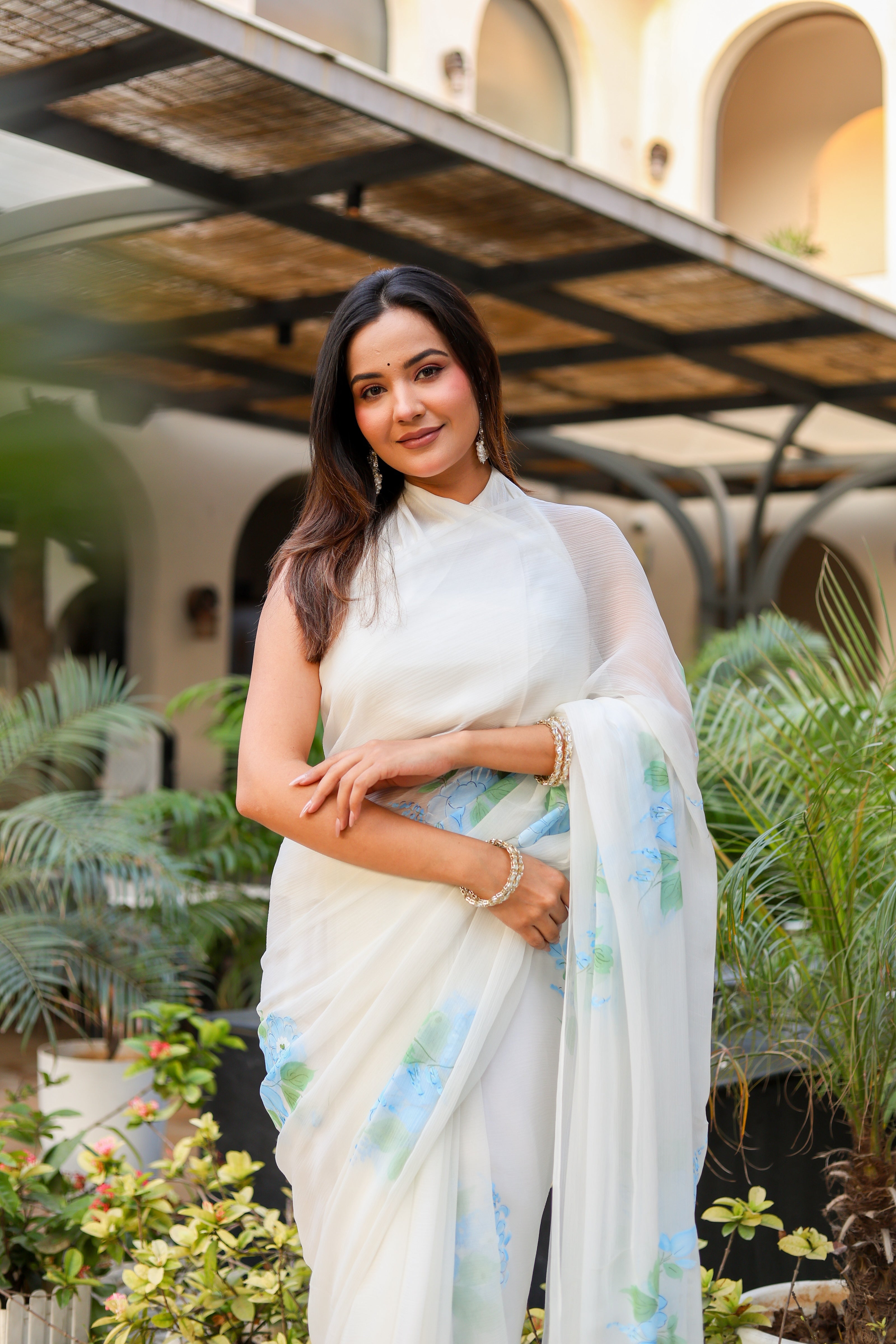 Ivory Azure (Pure Chiffon Hand Painted Saree)