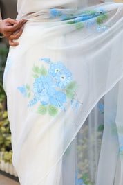 Ivory Azure (Pure Chiffon Hand Painted Saree)
