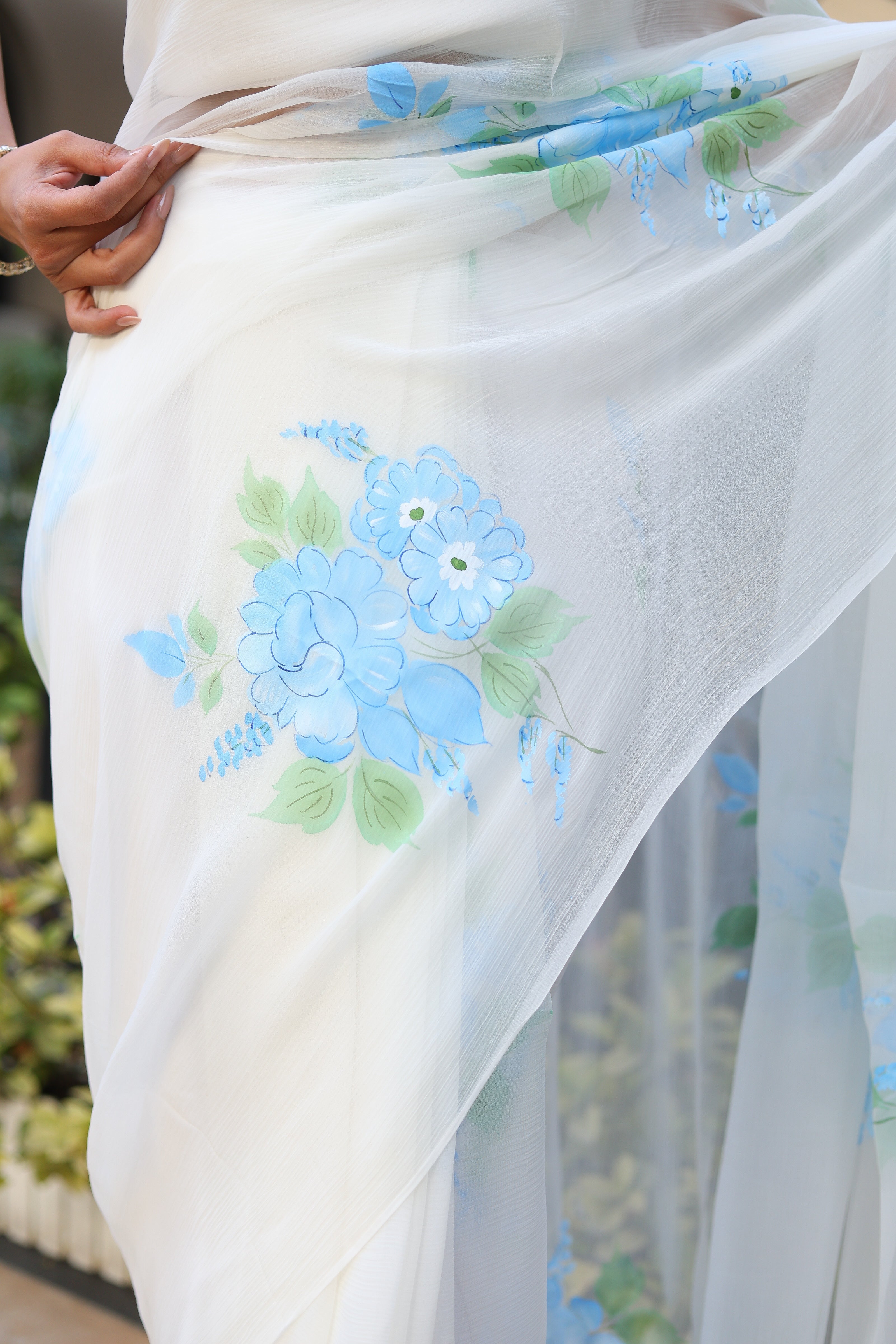 Ivory Azure (Pure Chiffon Hand Painted Saree)