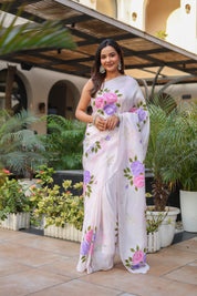 Graceful Petals (Pure Mulberry Silk Hand Painted Saree)