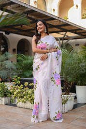 Graceful Petals (Pure Mulberry Silk Hand Painted Saree)