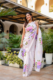 Graceful Petals (Pure Mulberry Silk Hand Painted Saree)